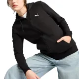 Campera deportiva Puma negra con cierre frontal, capucha con cordones ajustables, bolsillos laterales y logo estampado en el pecho.