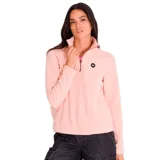 Buzo polar de mujer Caterpillar color blanco, con cierre parcial con cremallera verde y logo de la marca en el pecho. Cuenta con bolsillos laterales.