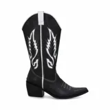 Botas texanas negras de cuero con bordados blancos y taco bajo.