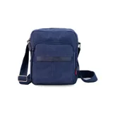 Morral bandolera negro de tela canvas con correa regulable. Tiene apertura superior con cierre, bolsillo frontal con cierre, bolsillos internos y bolsillo trasero con cierre.