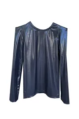 Remera negra de lycra con cuello redondo y manga globo metalizada.