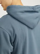 Canguro azul con capucha, de manga larga, con bolsillo tipo canguro y corte relajado.