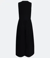 Vestido midi negro de punto orly, con abotonadura delantera y escote redondo.