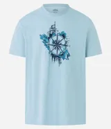 Remera celeste de algodón con cuello redondo y manga corta. Estampa de rosa de los vientos en acuarela en el frente.