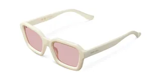 Lentes de sol cuadrados con armazón blanco y lentes rosados polarizados con protección UV400.
