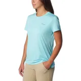 Remera deportiva Columbia Hike SS Crew color celeste, de corte clásico y mangas cortas. Confeccionada con tejido Omni-Wick de secado rápido y protección solar Omni-Shade UPF 50.