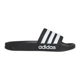 Chanclas Adidas Adilette Shower negras con tres tiras blancas horizontales en la parte superior.