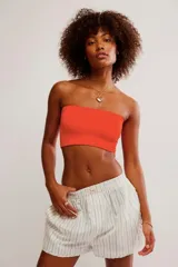 Top bandeau color naranja de jersey de algodón con punto acanalado.