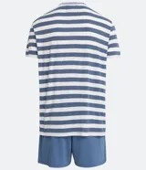 Conjunto de pijama corto para hombre, compuesto por remera de manga corta con cuello redondo y short con cintura elástica. Diseño a rayas horizontales en tonos azul y blanco.