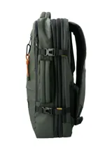 Mochila RKF unisex de poliéster reciclado repelente al agua, color gris. Cuenta con tres compartimentos independientes con cierre, compartimento para laptop de 15 pulgadas, triple bolsillo frontal con cierre, mango lateral, correas ajustables, almohadillas en la espalda, pasador para maleta y broches laterales.