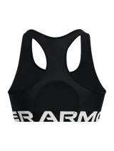 Top deportivo de mujer Under Armour, color negro, con escote cuadrado y tirantes anchos. Presenta una banda elástica inferior con el logo de la marca en blanco.