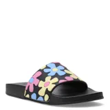 Sandalias tipo slide negras con estampado de flores en colores rosa, celeste y amarillo.