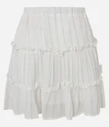Minifalda blanca de viscosa con elástico y lazo en la cintura, recortes volados y rayas verticales en hilos metalizados.