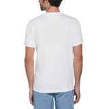 Remera blanca de algodón con estampa frontal del logo de Original Penguin en azul y rojo.