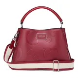 Cartera Guess modelo Jarson color rojo, confeccionada en PU con diseño repujado de la letra G. Tiene doble asa corta superior y correa larga extraíble con rayas horizontales blancas.