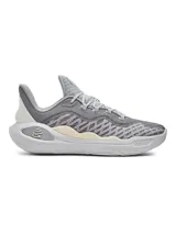 Championes de básquet Under Armour Curry 11, color gris con detalles en blanco y suela blanca.