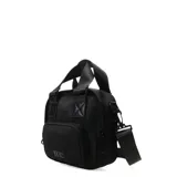 Bolso negro de tamaño pequeño con correa larga ajustable y doble asa corta.