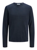 Jersey manga larga de tejido de punto y cuello redondo, color azul marino con acabado de lavado ácido.