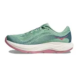 Championes de running Hoka Rincon 4 para mujer, color verde menta con detalles en azul oscuro y logo HOKA en rosa vibrante. Presentan una suela gruesa de espuma blanca con detalles en rosa en la parte inferior.