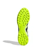 Championes de fútbol Adidas Predator League TF para hombre, color blanco con estampado de piel de serpiente, detalles en negro y suela verde flúor.