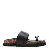 Sandalias negras con base de corcho y detalle de metal plateado en la tira del dedo.
