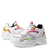 Zapatillas deportivas negras con detalles en rosa, naranja, amarillo y blanco.