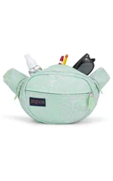 Riñonera JanSport Fifth Avenue negra con estampado de rayos blancos.