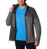 Polar Columbia Basin Trail III Full Zip para hombre, color gris oscuro y gris medio, con diseño de bloques de color. Presenta cuello alto, cierre frontal completo y bolsillos laterales con cremallera.