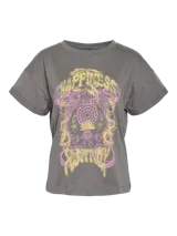 Remera gris de algodón con cuello redondo y mangas cortas con dobladillo. Estampado frontal con la palabra 'Happiness' y diseño floral en tonos rosa y amarillo.