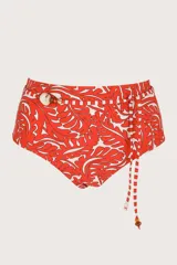 Calzón de bikini tiro alto reversible con estampado de hojas rojas y blancas. Incluye lazo con cuentas decorativas.