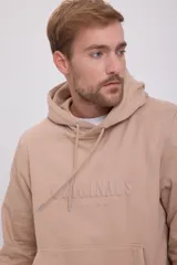 Hoodie tipo canguro color beige con capucha y cordones ajustables. Estampado en relieve con la palabra "ORIGINALS" y el logo de Jack & Jones en el pecho.