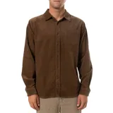 Camisa marrón de pana con botones, manga larga y bolsillo en el pecho.
