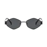 Lentes de sol unisex con marco de metal negro y lentes hexagonales grises.
