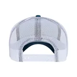 Gorro de camionero color amarillo con logo CAT negro estampado en el frente y paneles traseros de malla negra.