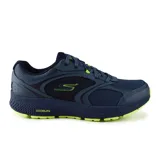 Championes deportivos Skechers Go Run Consistent Specie, color azul marino con detalles en amarillo flúor. Capellada de malla y cuero sintético, amortiguación Ultra Light y plantilla Air-Cooled Goga Mat.