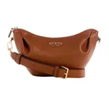 Bolso de hombro Guess modelo Amorette, color marrón coñac, con diseño fruncido y detalles metálicos dorados. Presenta el logo de la marca en relieve en el frente.