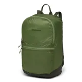 Mochila Columbia unisex color verde oliva, liviana y plegable, con logo estampado en el frente. Tiene bolsillo frontal con cierre, asa de mano y correas de hombro ajustables. Se guarda en un bolsillo exterior para facilitar su almacenamiento.
