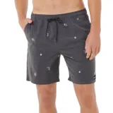 Short de baño negro con estampado de palmeras y cócteles en colores celeste, amarillo y blanco.