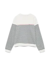 Buzo blanco con rayas horizontales azules y detalle de línea roja con la palabra 'Happiness' bordada en rojo.