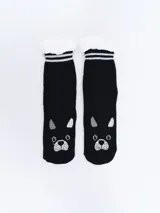 Medias de caña alta color negro con diseño de bulldog francés y borde superior de sherpa blanca.