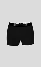 Pack de dos boxers tipo bóxer, color negro, con cintura elástica blanca que presenta un logo de tijeras repetido en negro.