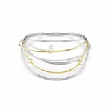 Gargantilla con varias bandas bañadas en rodio y en tono oro, con Swarovski Zirconia transparentes en engaste de canal y de garra. Entre las bandas se han colocado cristales transparentes.