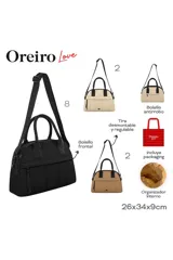 Cartera Las Oreiro color marrón, con asas y correa de hombro ajustables en color negro. Presenta un diseño acolchado con costuras verticales y un bolsillo frontal con cierre.