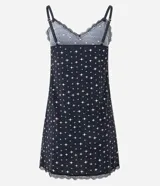 Camisón corto de microfibra color negro con estampado de brillos plateados, breteles finos ajustables y detalle de encaje negro en el escote y ruedo.