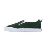 Zapatillas Vans sin cordones, color verde oscuro, con elástico lateral y suela de goma blanca con línea negra.