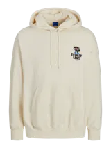 Hoodie color crema con capucha y manga larga, de corte holgado y estampado frontal con un personaje de caricatura y la frase "Totally Legit".