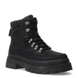 Botas de mujer estilo borceguí en color negro, con sistema de acordonado mediante ganchos metálicos y cuello acolchado. Poseen una suela track de plataforma robusta y están confeccionadas en material sintético.