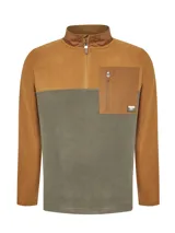 Buzo de polar de poliéster reciclado color marrón y verde con cierre medio, cuello alto, bolsillo en el pecho con cierre y parche con diseño de paisaje.