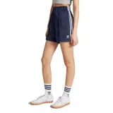 Short deportivo Adidas Firebird color azul marino con tres tiras blancas verticales a los lados y logo bordado en blanco.