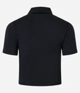 Blusa negra de poliéster con elastano, modelo polo, con cremallera en el cuello, manga corta, texturizada y seamless.